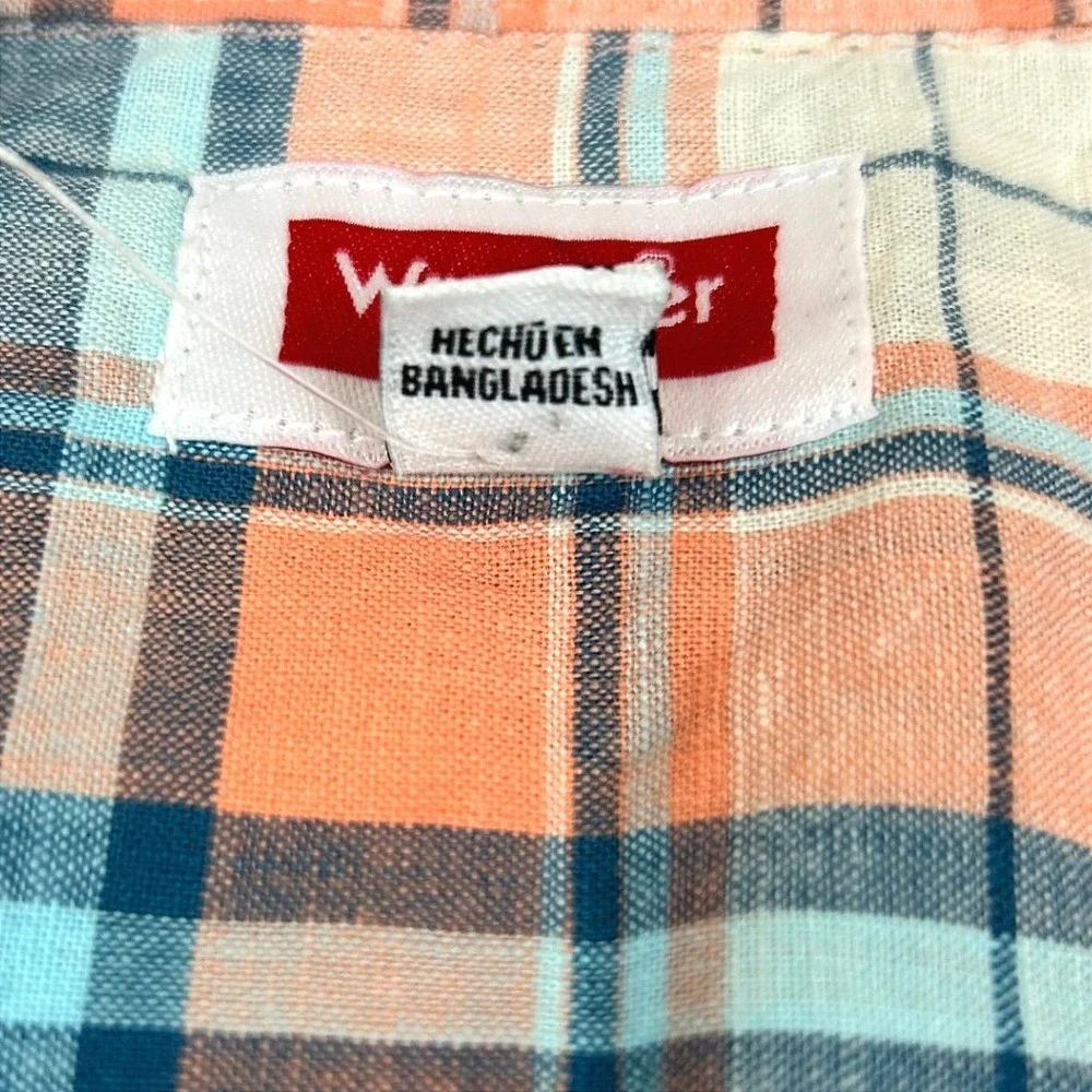 NWT Wrangler Boys Plaid Button Down Shirt Orange Blue Short Sleeve‎ Size 6